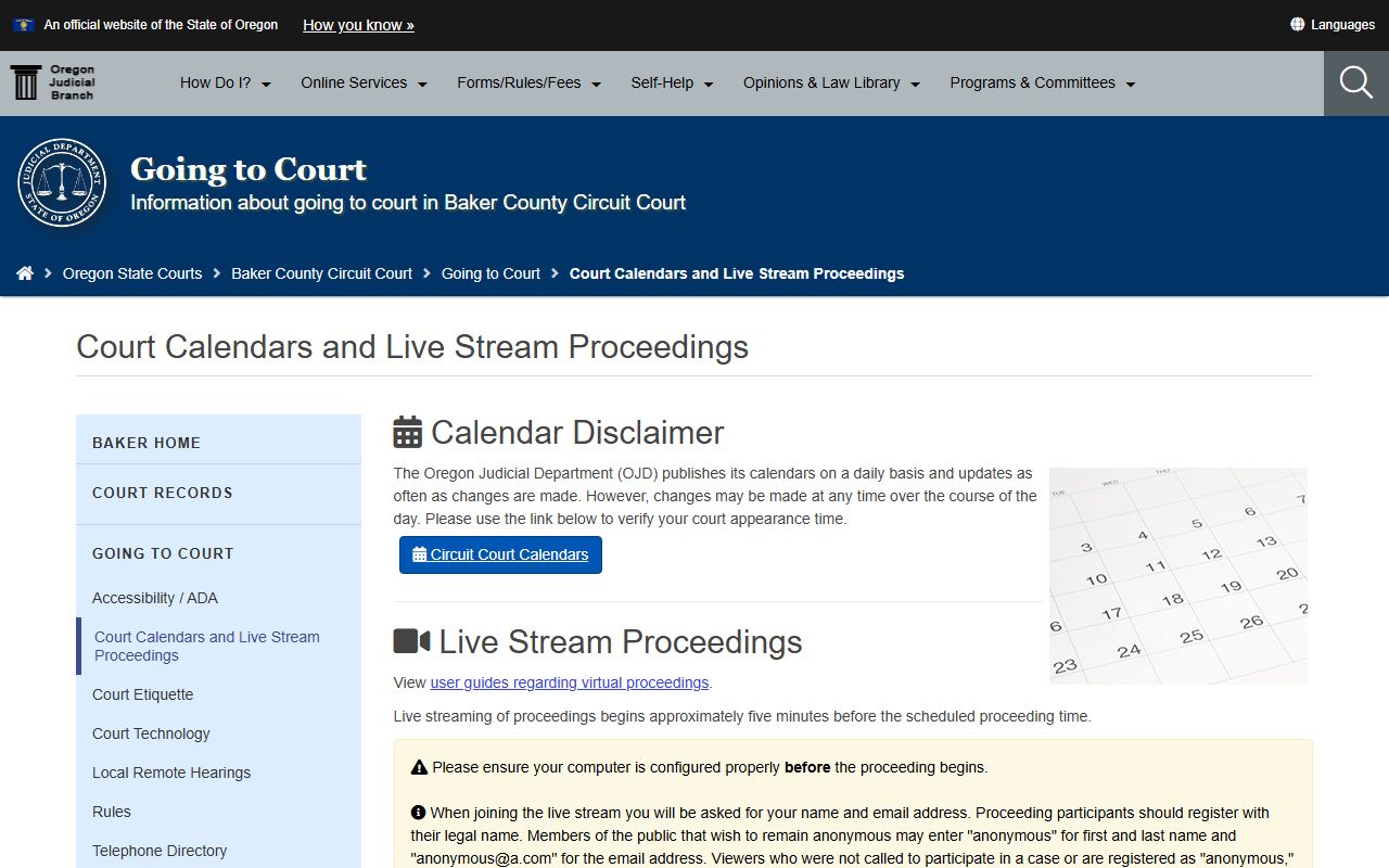 Baker County court dockets and calendar records
