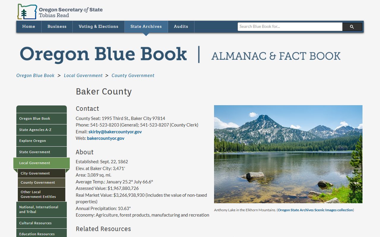 Baker County clerk records Oregon Blue Book county profile