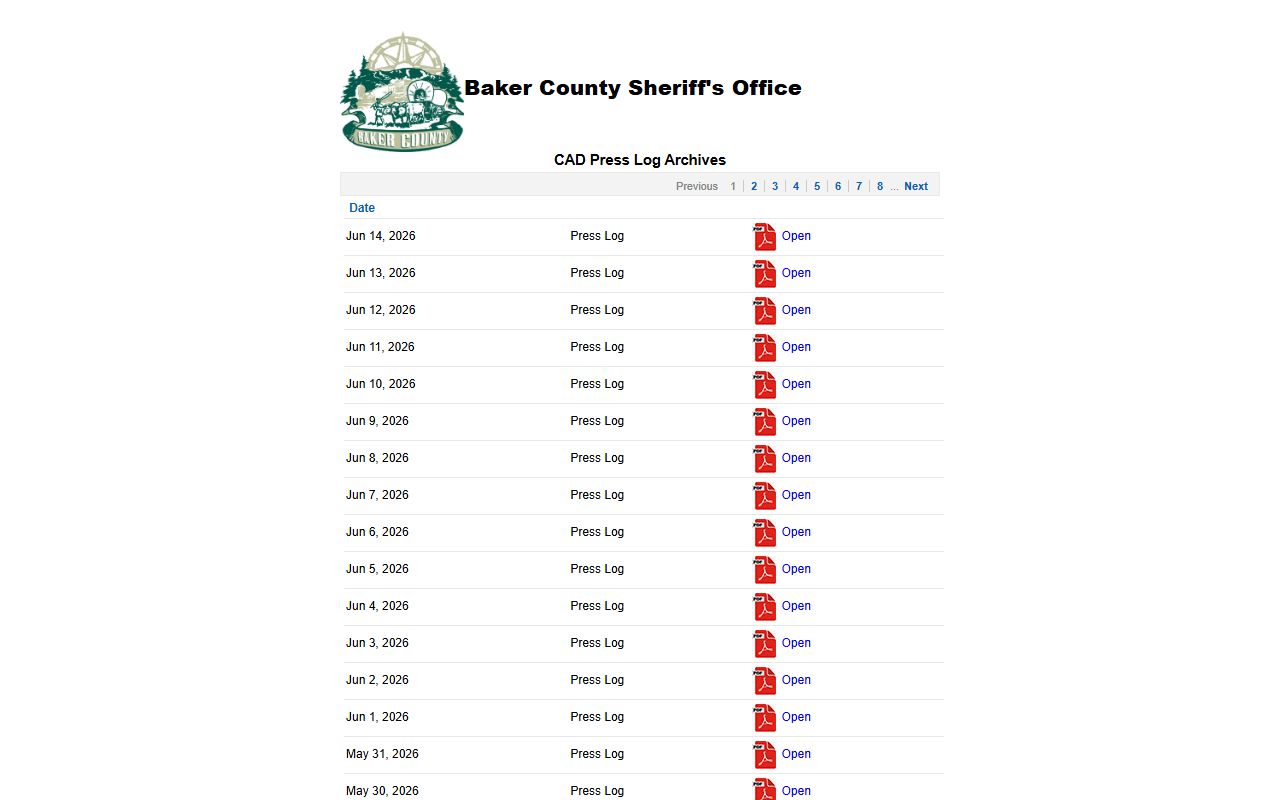 Baker County arrest records sheriff CAD press logs