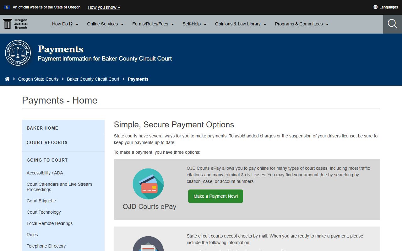 Baker County court dockets Baker Circuit Court payments channel