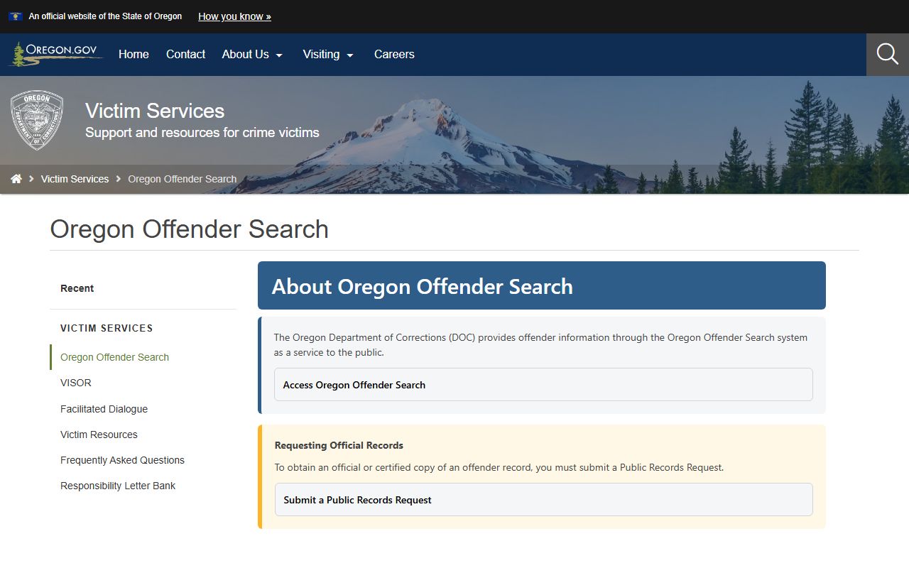Baker County inmate search Oregon DOC VISOR fallback