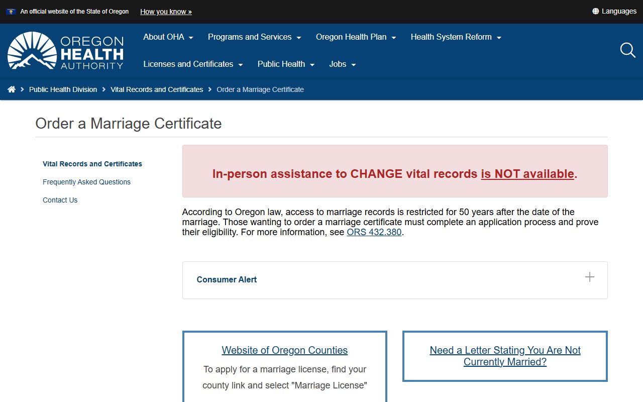 Baker County marriage records Oregon marriage certificate ordering