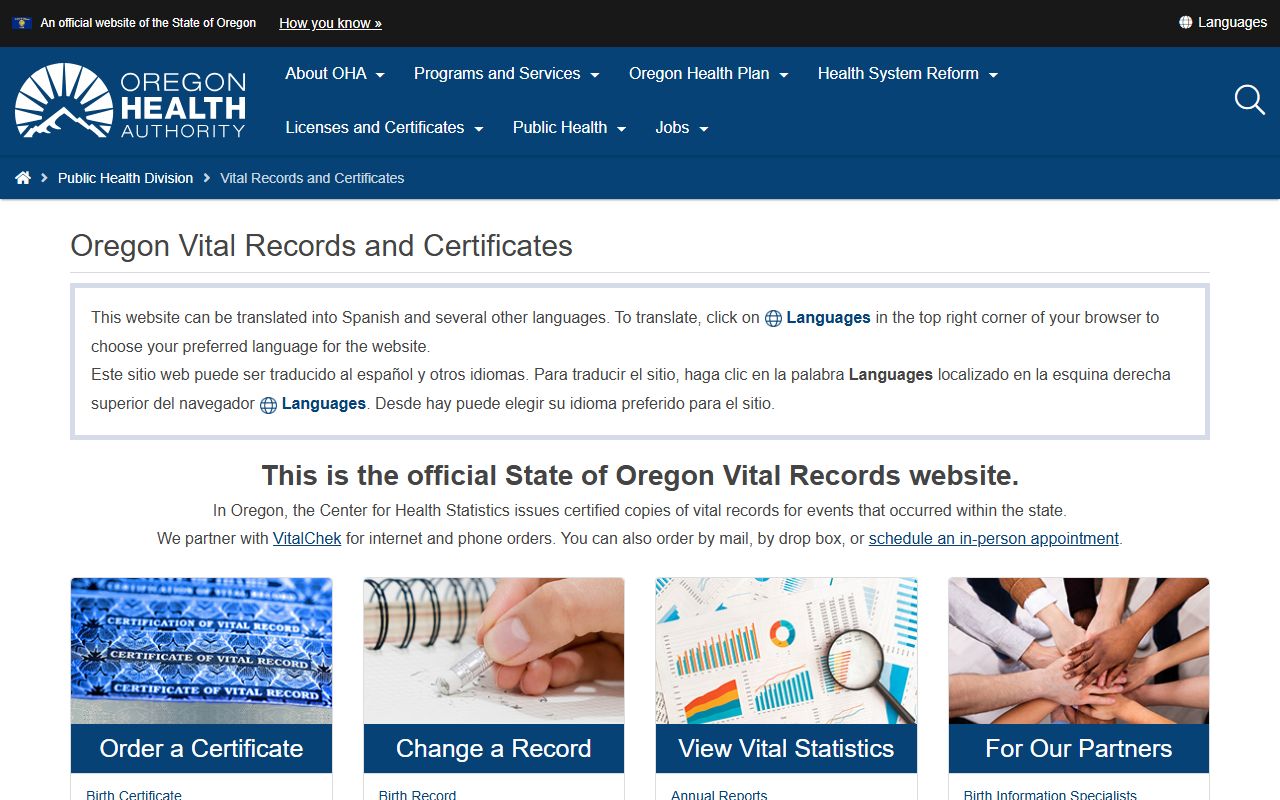 Baker County marriage and divorce records through Oregon Vital Records